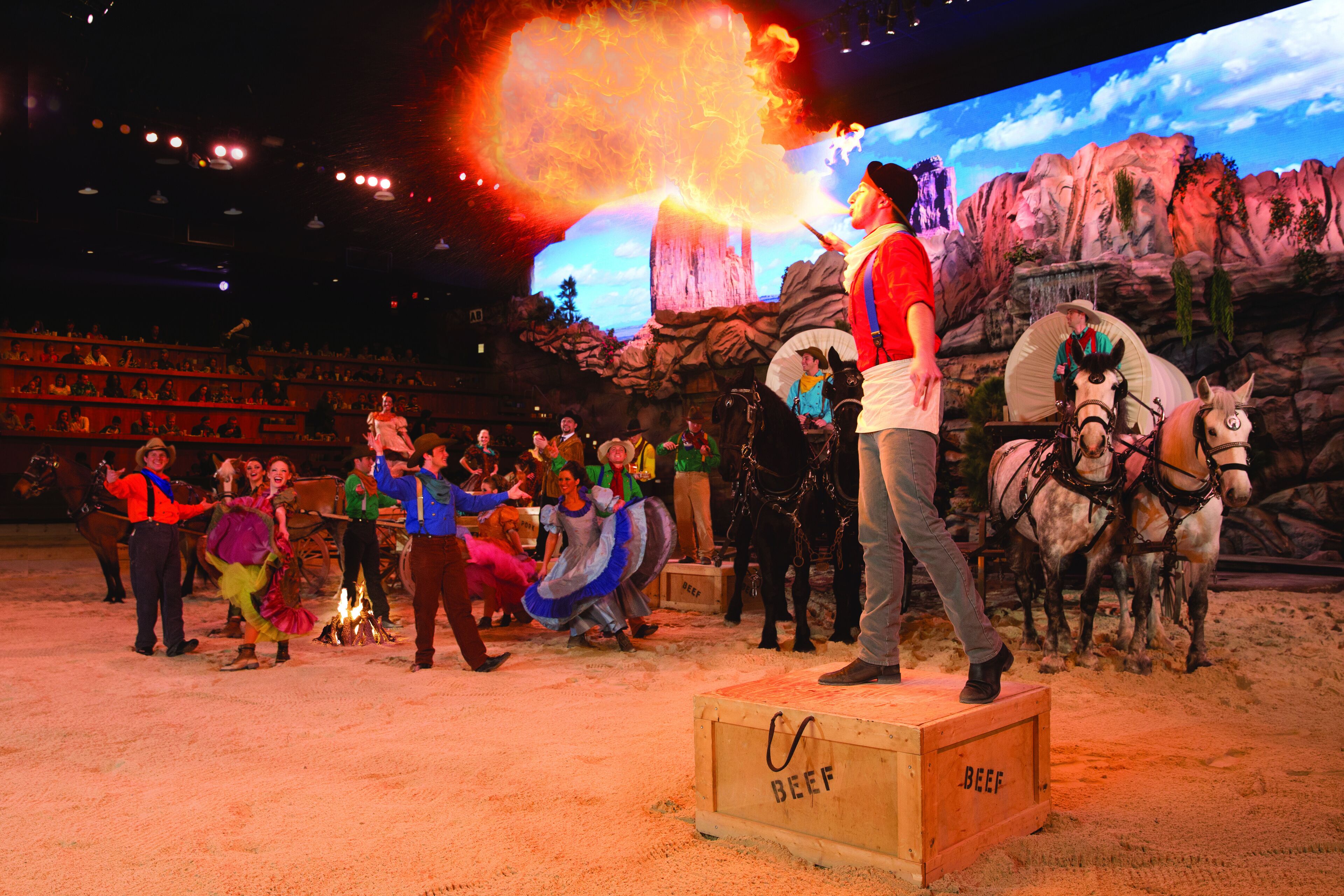 Une scène avec un artiste vêtu d’un costume de cow-boy, un cheval et un chariot.