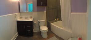 Combined shower/bathtub, hair dryer, towels, soap