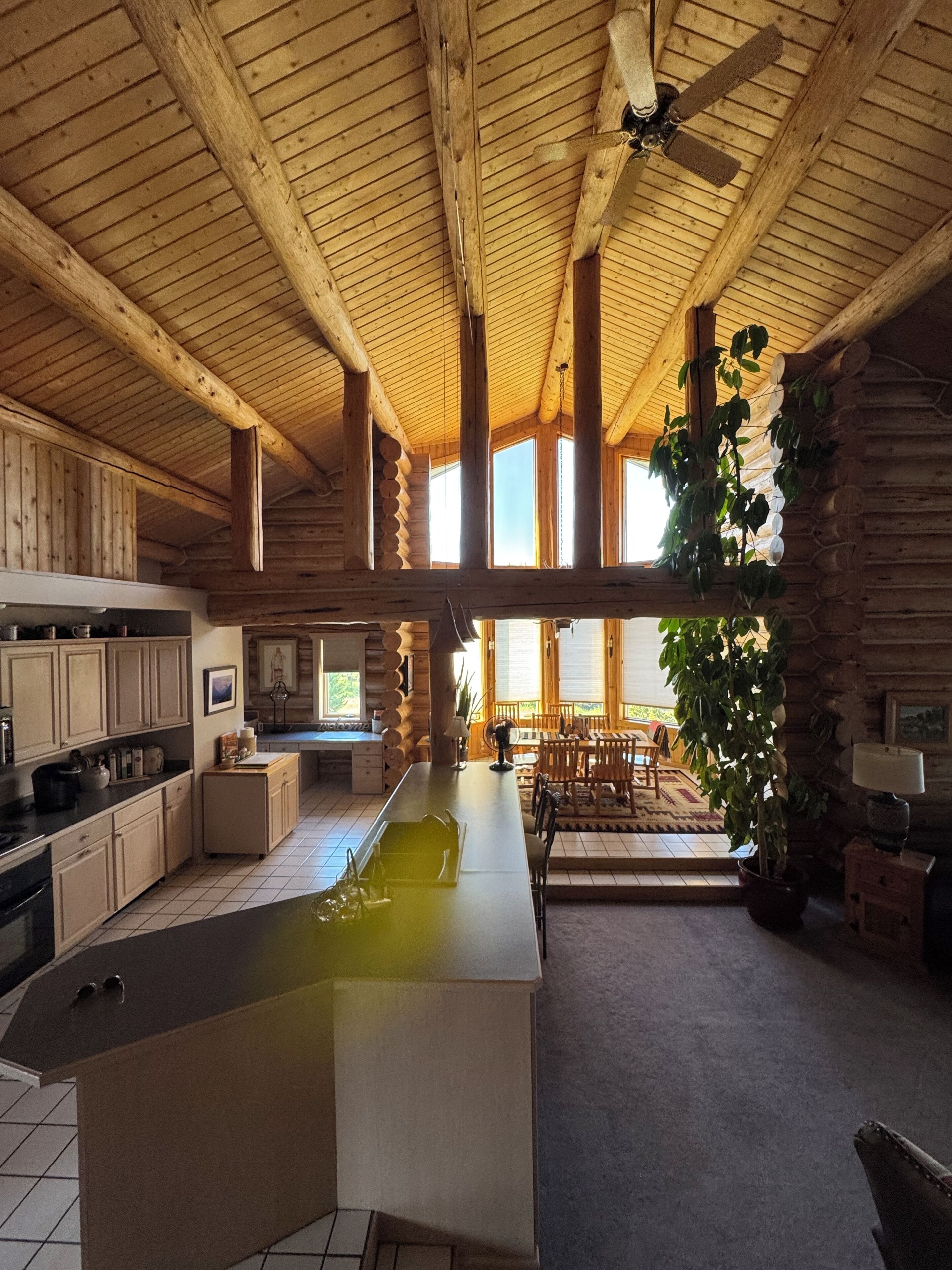 Un intérieur spacieux de chalet en bois, comprenant une cuisine, un coin repas et une grande fenêtre laissant entrer la lumière naturelle.