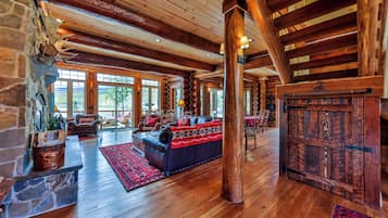 Smart TV, fireplace, books