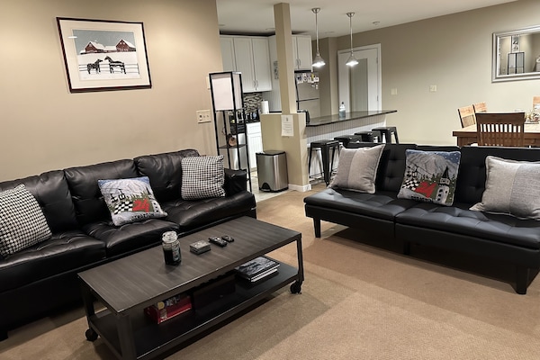 Living room sofa bed couch and a brand new futon that has a center usb drop down