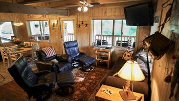Smart TV, fireplace, DVD player, video library
