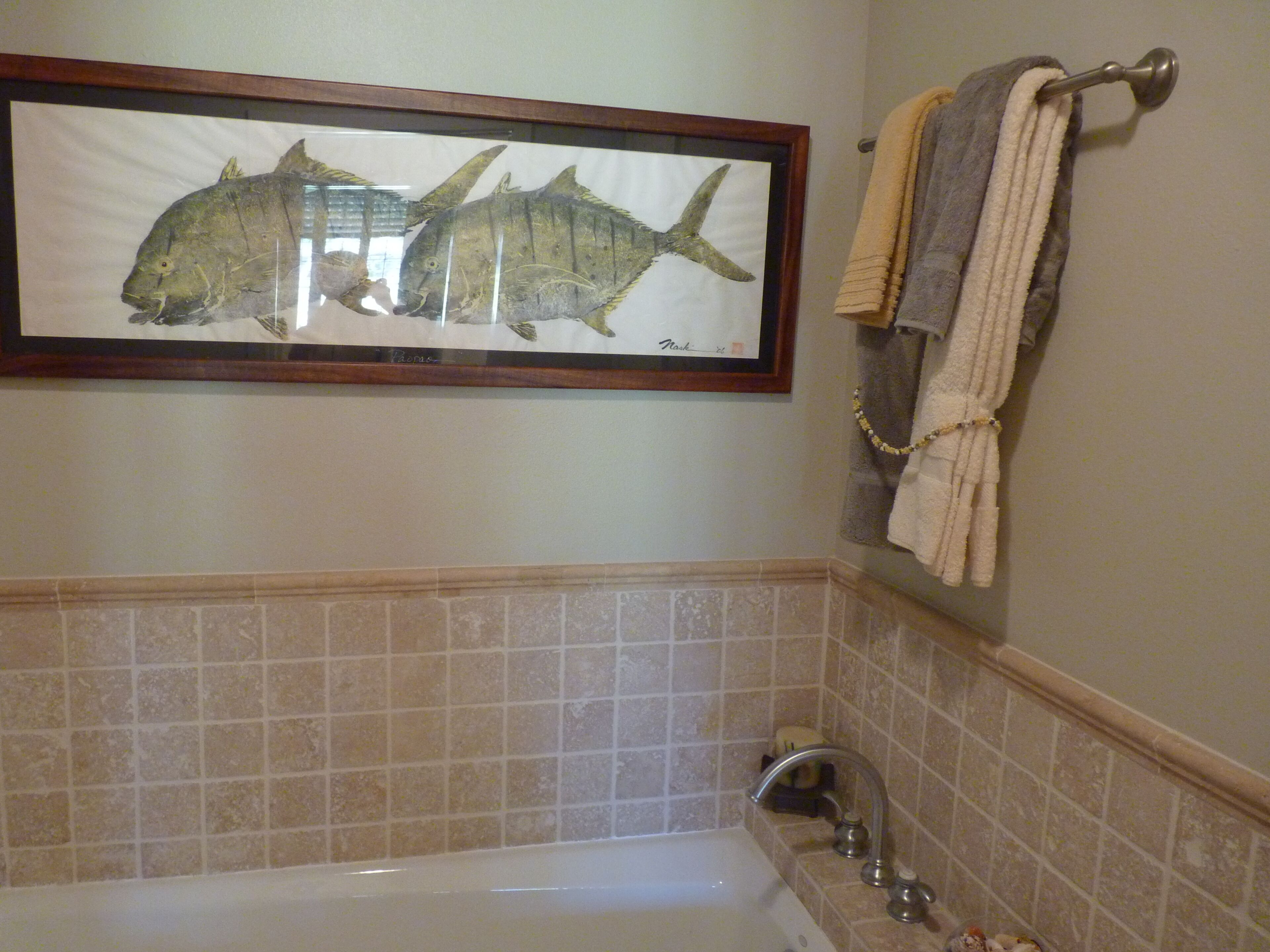 Bathtub, jetted tub, hair dryer, towels