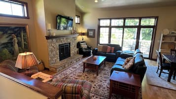 Smart TV, fireplace, books