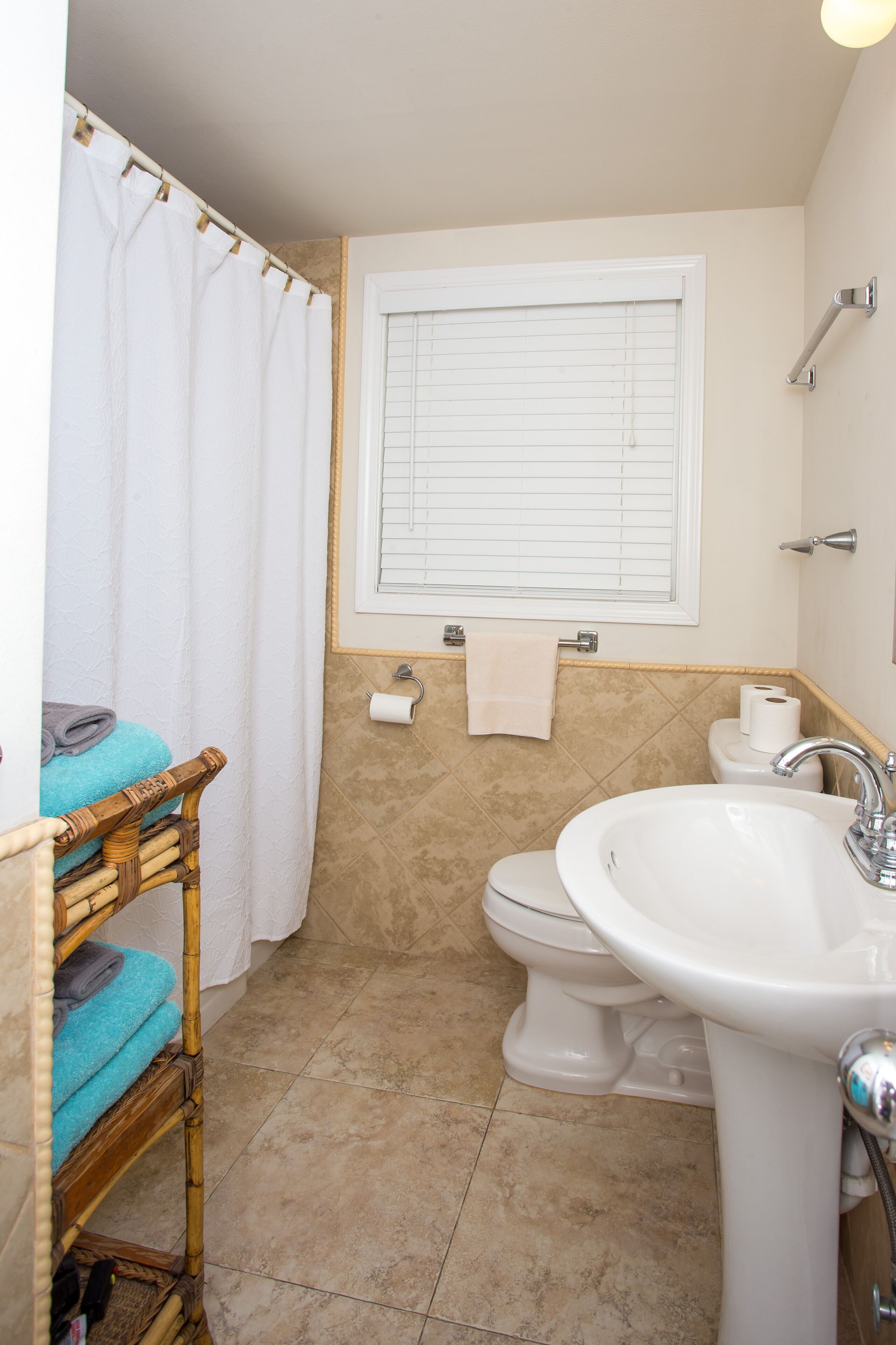 Une salle de bain avec des toilettes, un lavabo et un rideau de douche.