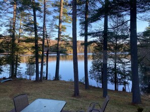 Enjoy a serene lakeside escape with a peaceful view of the calm lake and surrounding pine trees.