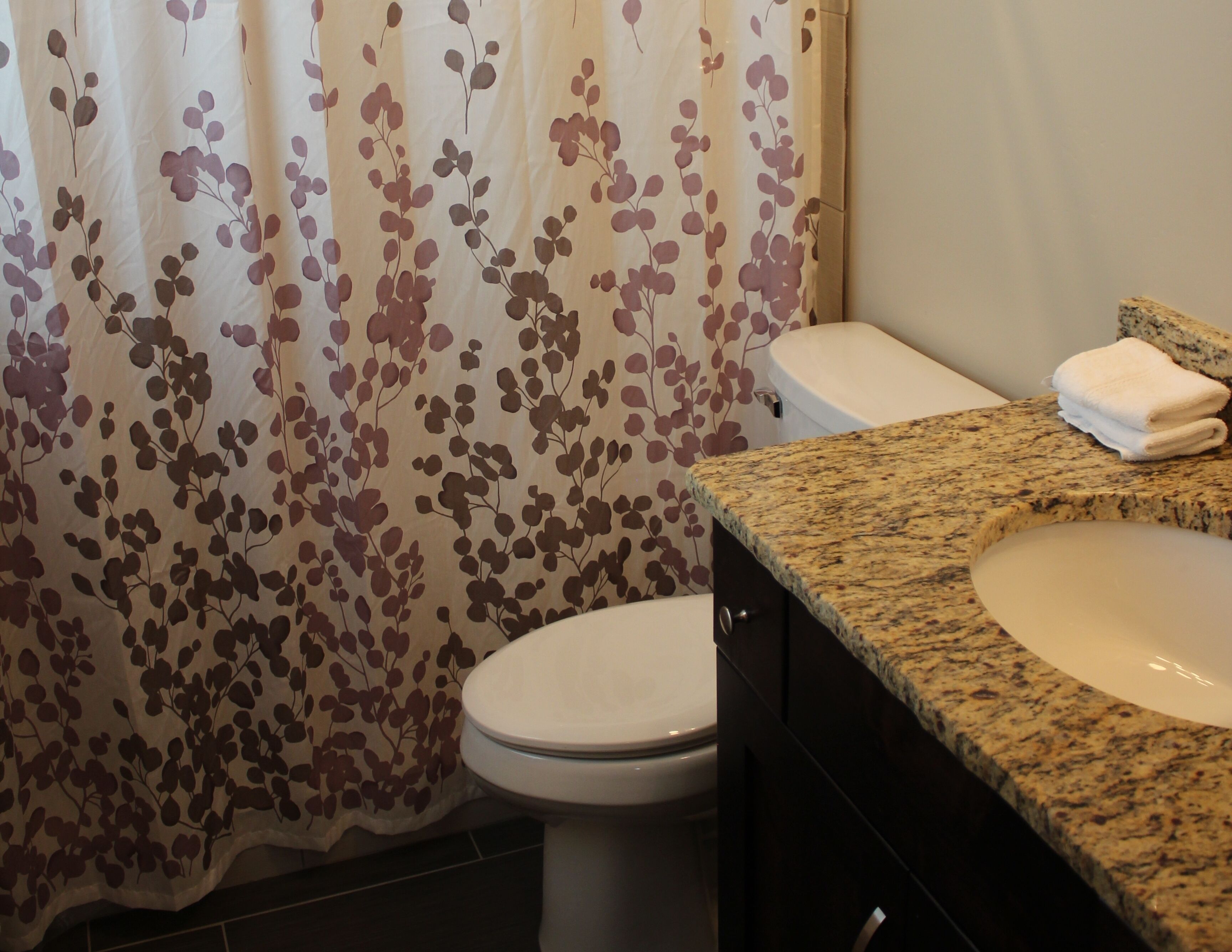 Un baño con inodoro, lavabo y cortina de ducha estampada con motivos florales.