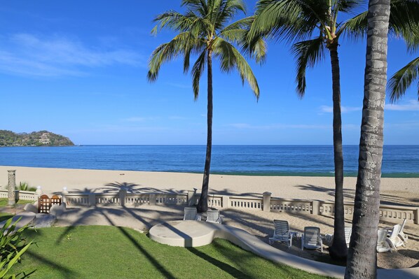 A beach view with palm trees, a sandy area with lounge chairs, and a clear blue sky.