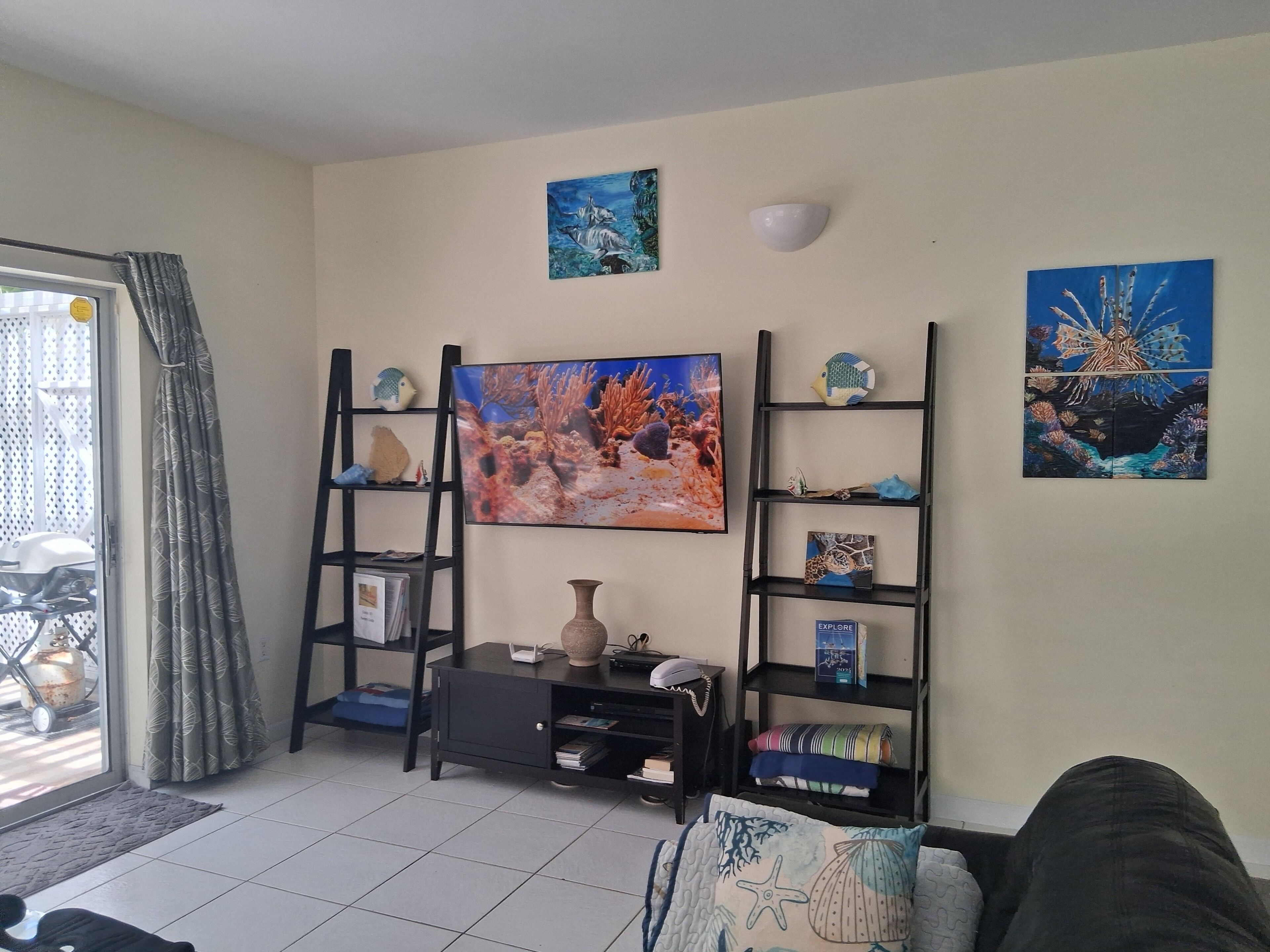 A living room with a television, shelves with decorative items, a sofa, and a door with a view.