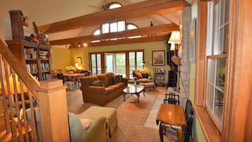 Älytelevisio, takka, DVD-soitin, kirjoja