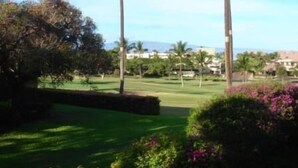 Ein Golfplatz mit freiem Blick auf das Meer und Palmen.