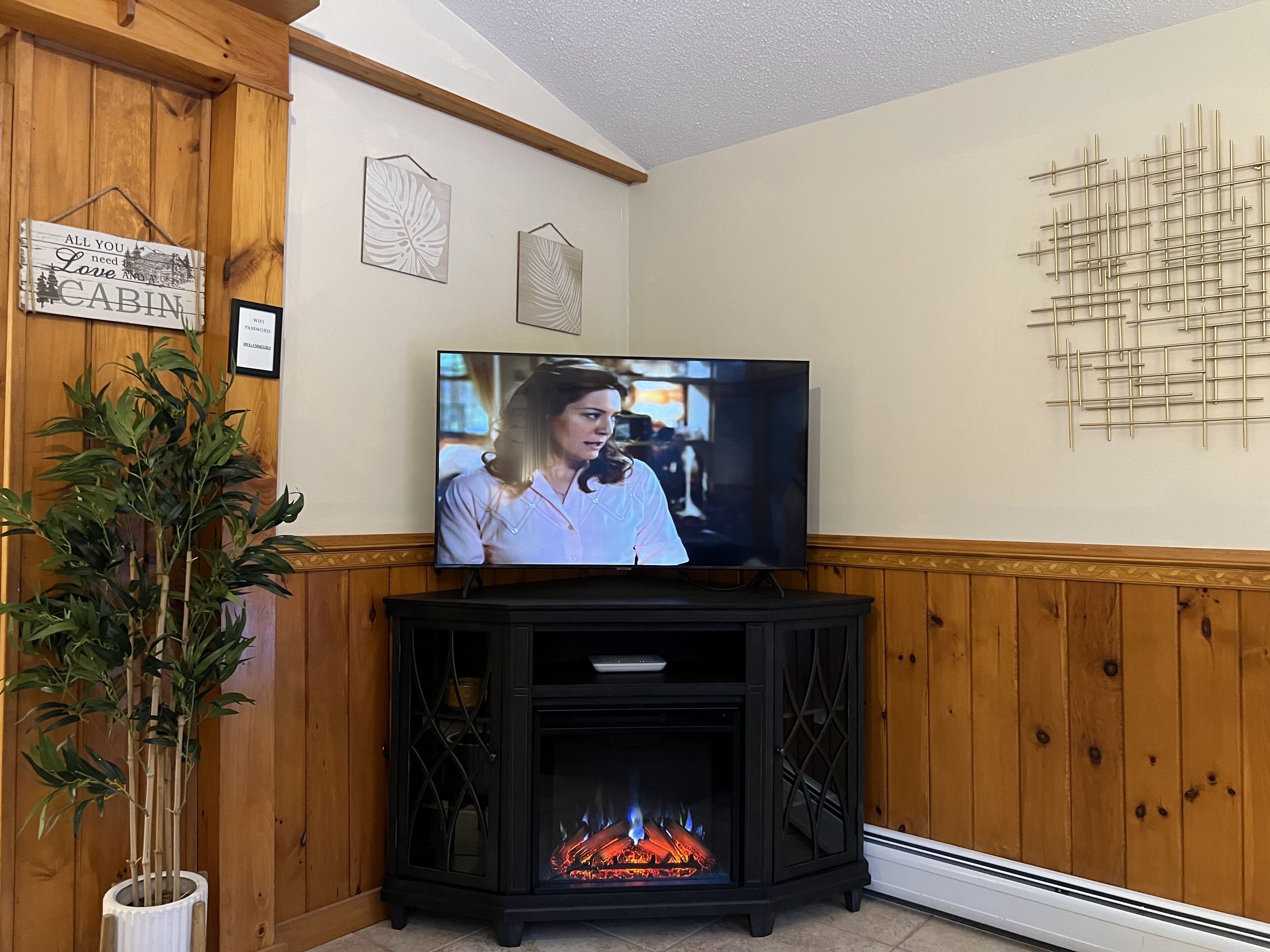 Una sala de estar con televisor, chimenea y paneles de madera.