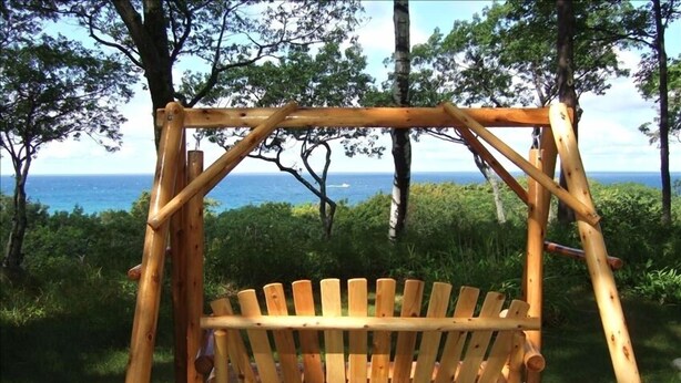 A wooden swing chair in a forested area with a view of the ocean.