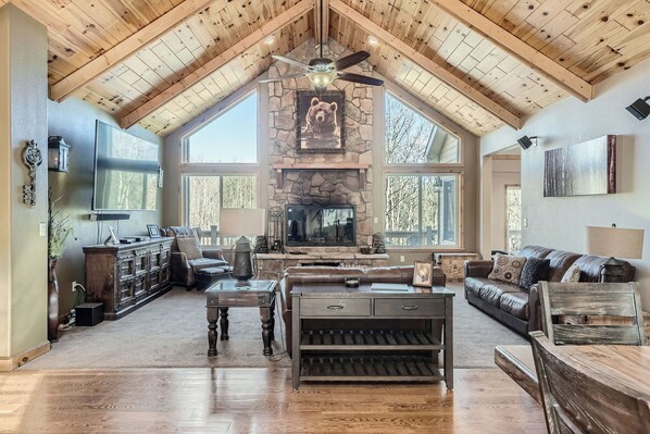 Smart TV, fireplace, DVD player, stereo