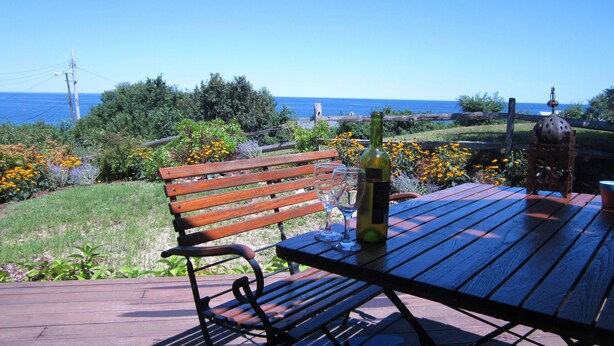 A wooden bench and table with a bottle and glasses on a patio overlooking a garden and ocean. - Direct access to the beach! (Plymouth)