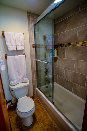 Bañera con ducha, secador de pelo, toallas, jabón