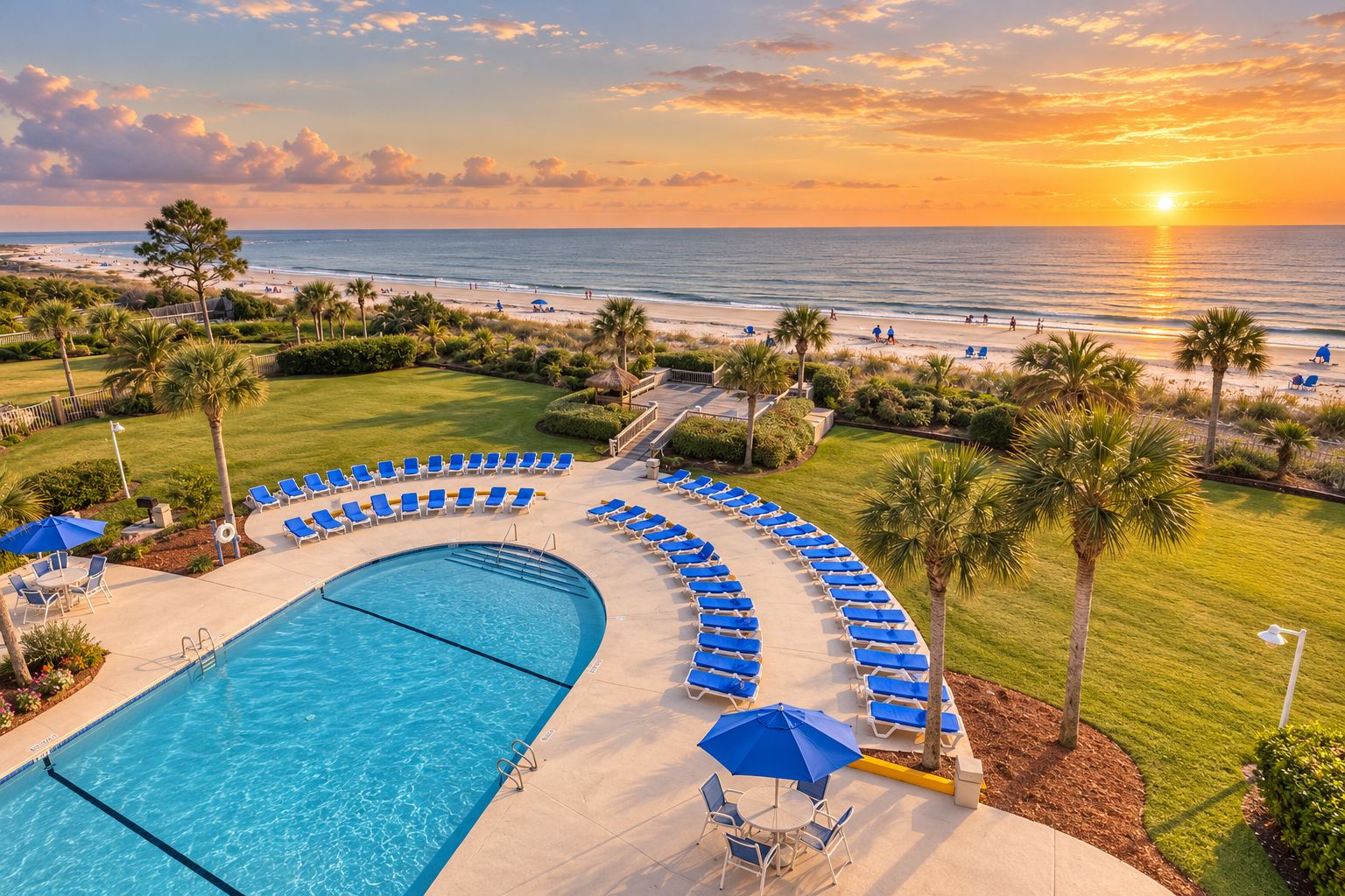 A pool area with a curved edge, lounge chairs, and a view of the beach and ocean at sunset.