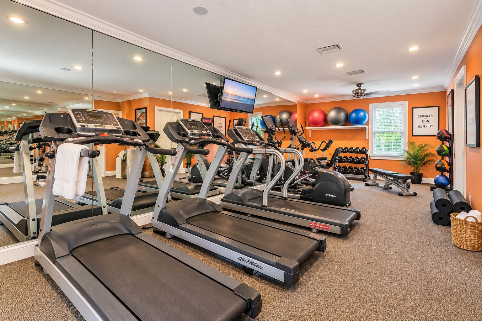 Ein Fitnessraum mit Laufbändern, Gymbällen und einem Fernseher an der Wand.