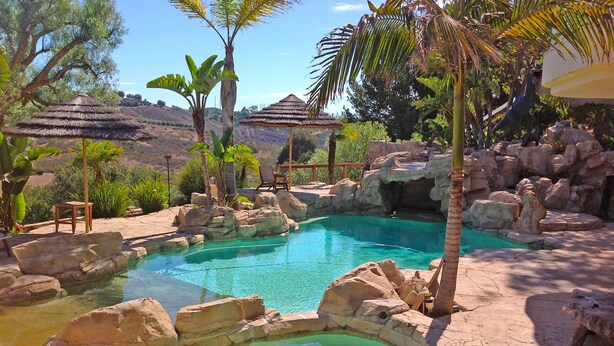Ein Pool mit natürlichem Felsdesign, umgeben von Palmen und einer Bergkulisse.