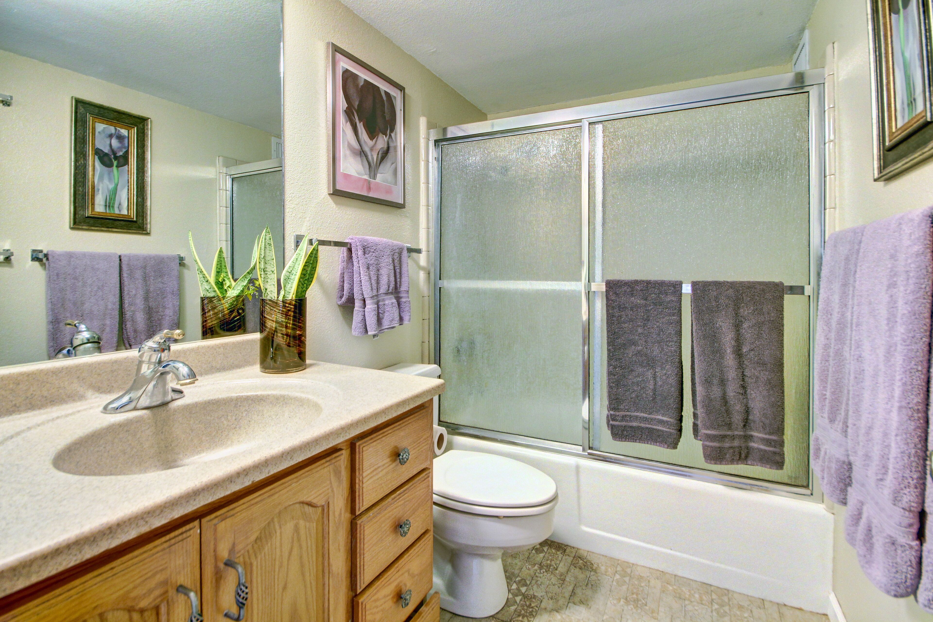 Combined shower/tub, hair dryer, towels