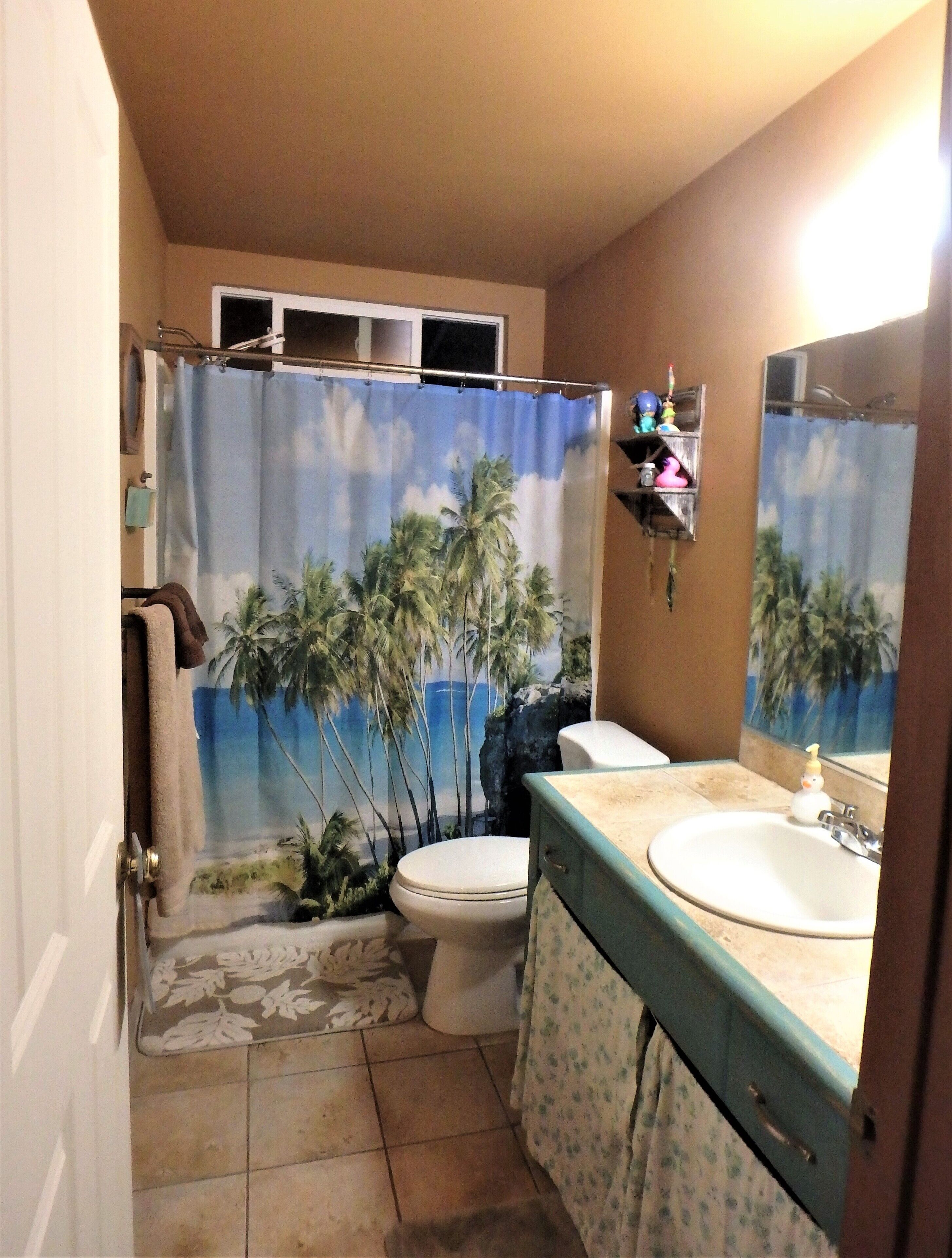 Combined shower/tub, hair dryer, towels, soap