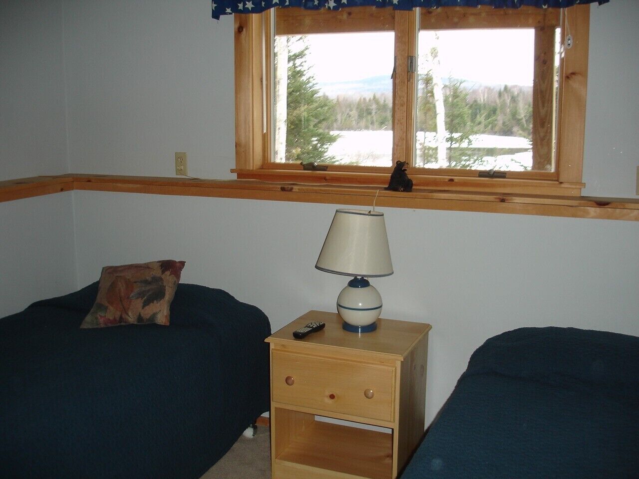 Une chambre avec deux lits simples, une table de chevet avec une lampe, une fenêtre donnant sur des arbres et des montagnes, et une petite table avec une télécommande.