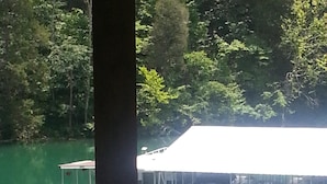 A dock with a covered structure, surrounded by calm water and dense greenery.