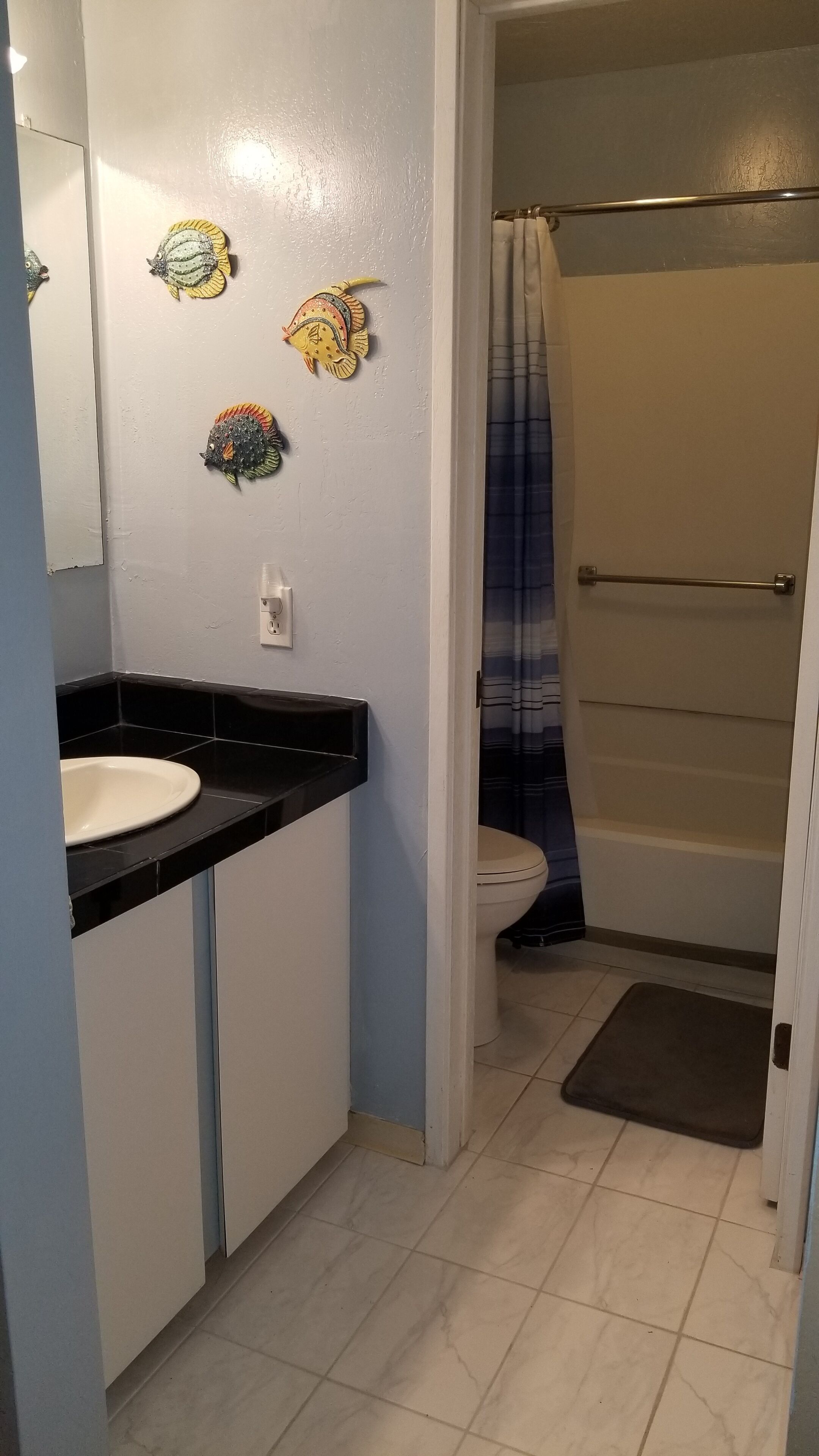Combined shower/tub, hair dryer, towels, soap