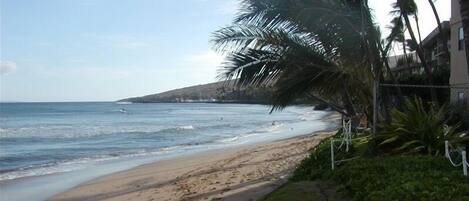 On the beach, sun loungers, beach towels