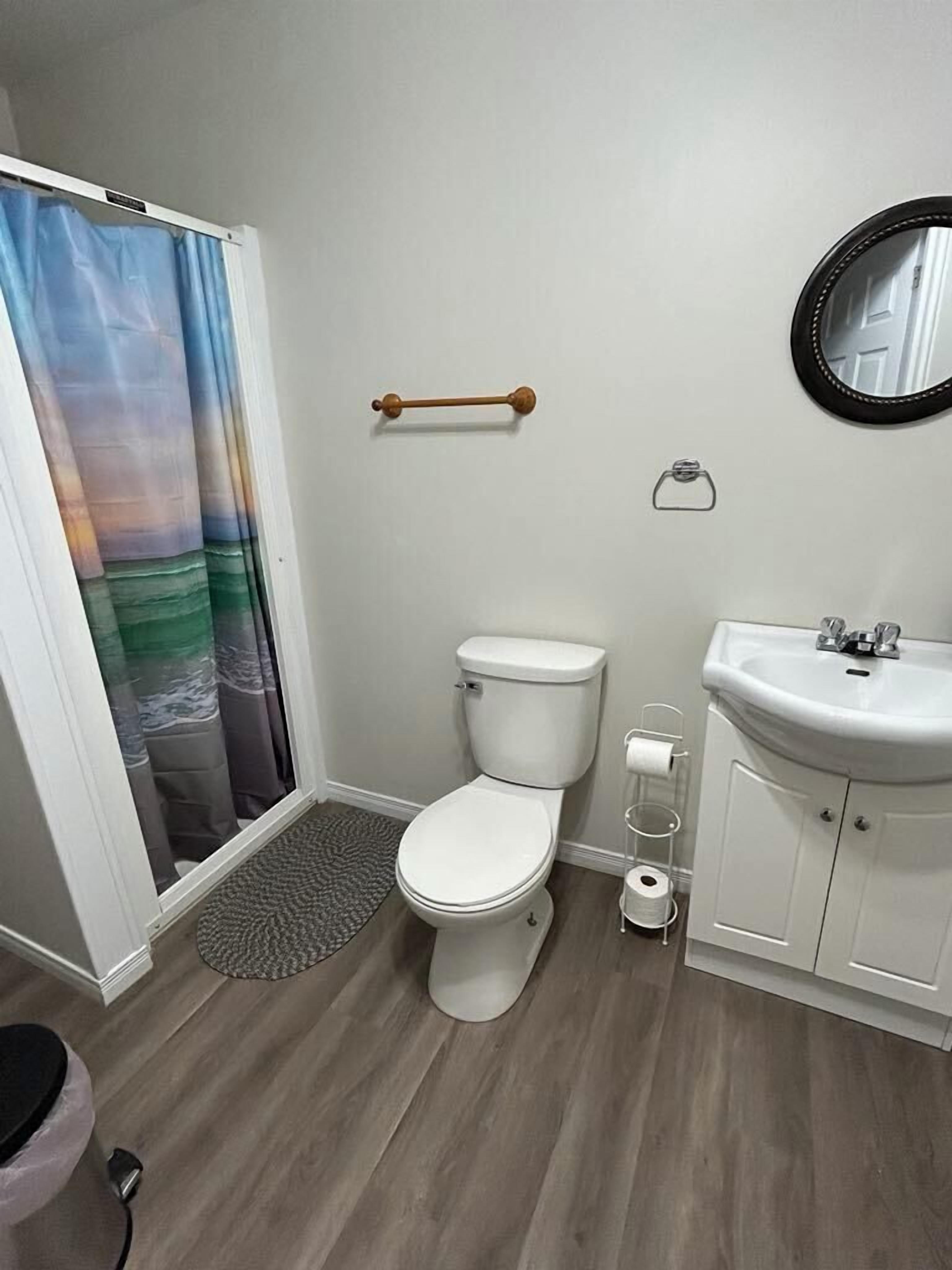 Un bagno con il water, il lavandino e una tenda per la doccia.