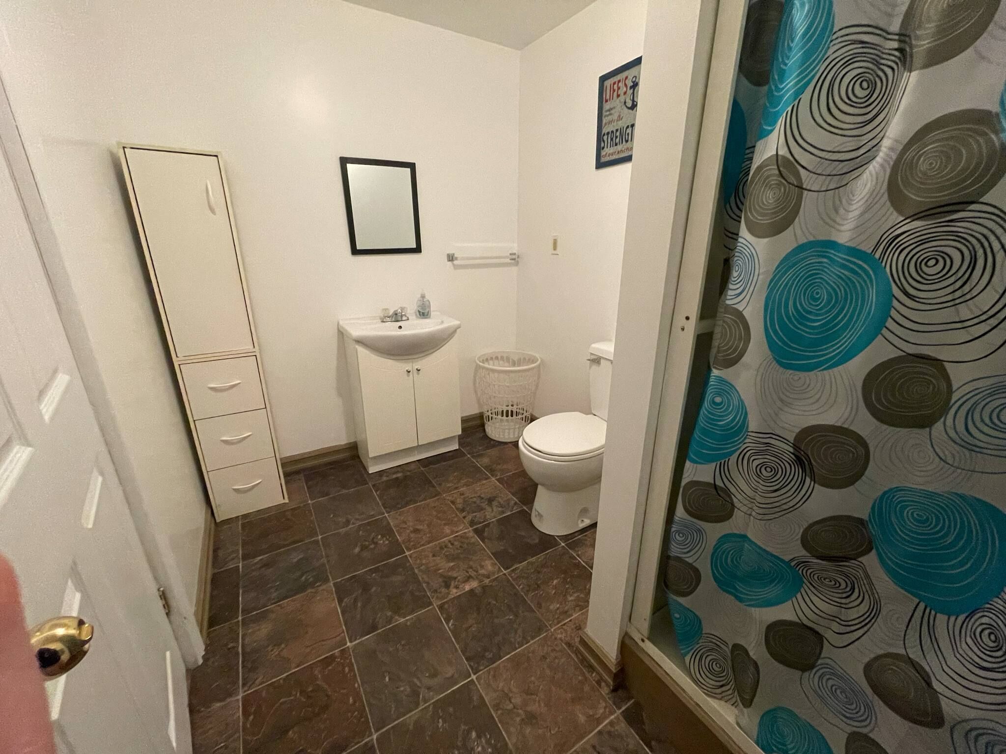 A small bathroom with a white sink, a toilet, and a cabinet.