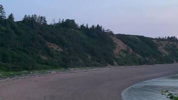A curved sandy beach with a forested hillside in the background.