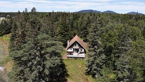 A cabin surrounded by dense forest with a clear view of the surrounding mountains. - Bass Harbor Oceanfront Chalet:  Peaceful, Private, Great On-The-Ocean View (Bass Harbor)