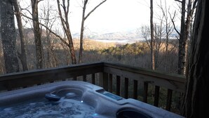 Un jacuzzi con vistas a un bosque y montañas al fondo.