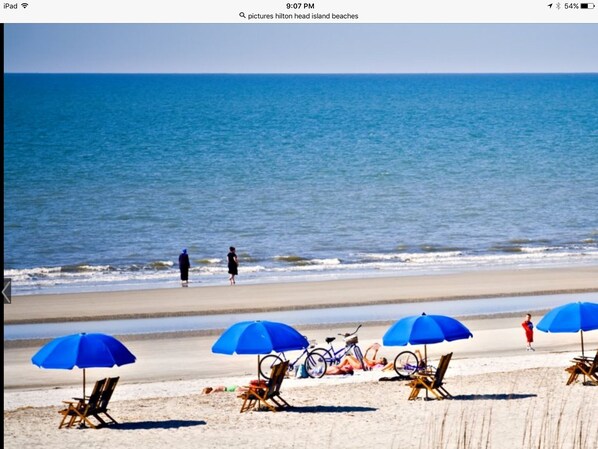 En la playa y camastros 