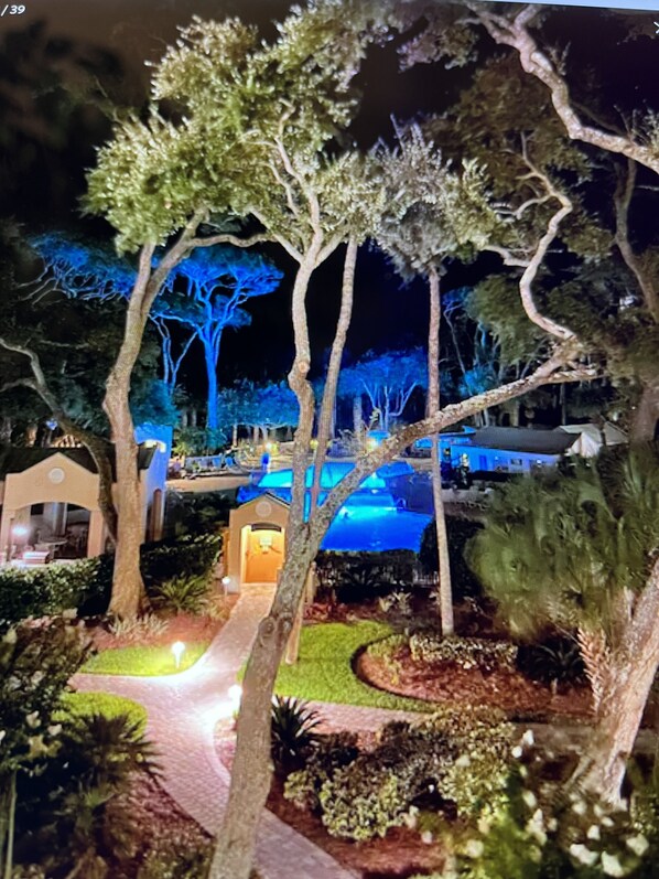 A nighttime view of a resort with illuminated trees and a pool area.