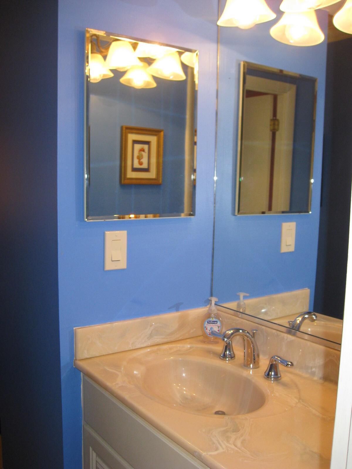 A bathroom with a beige sink, two faucets, and a large mirror.