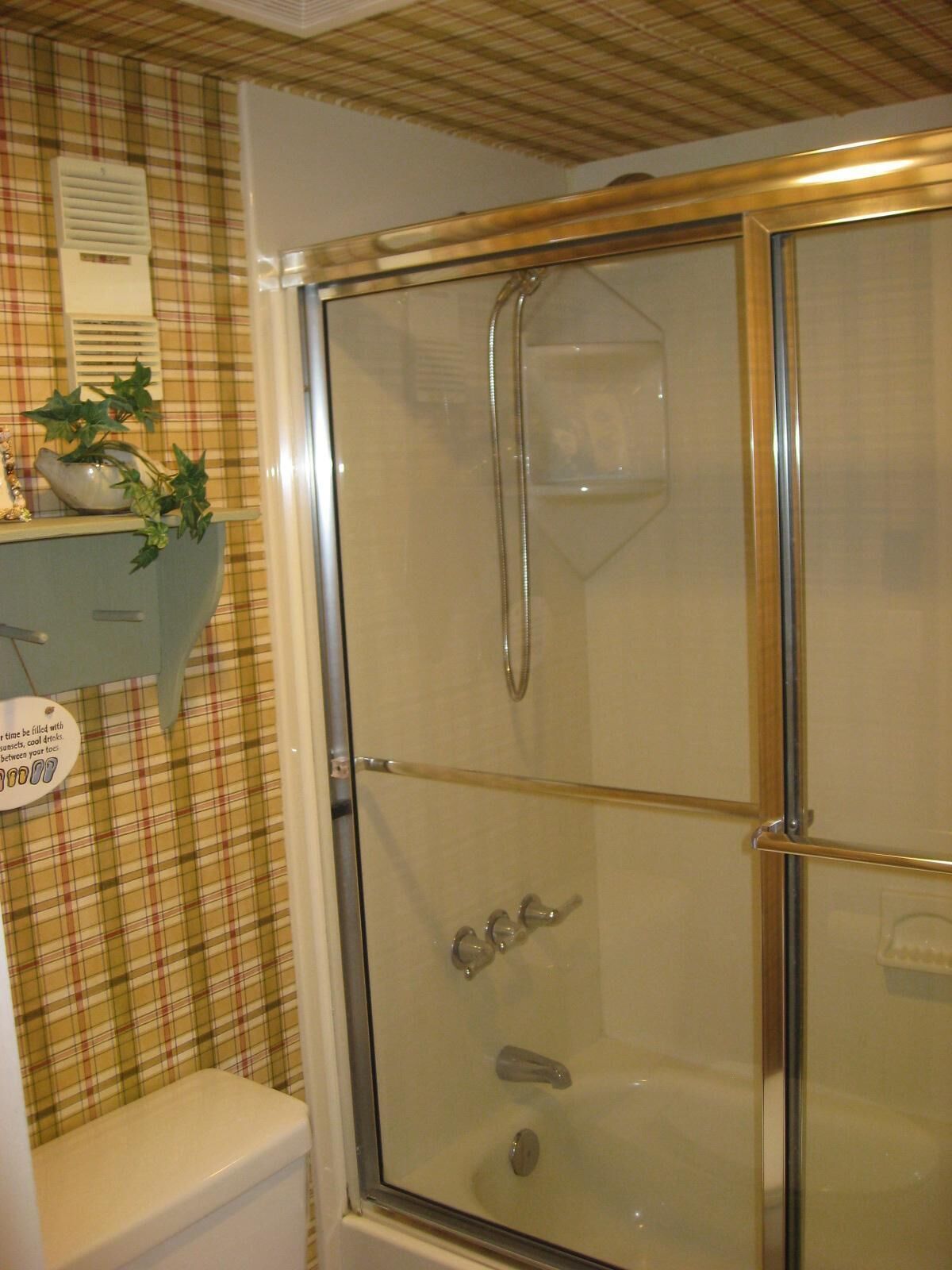 Ein Badezimmer mit einer ein Glasfachwerk-Duschkabine, einer Toilette und einem Regal mit einer Pflanze.