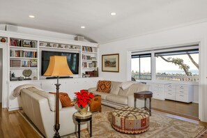 Smart TV, fireplace, DVD player, books