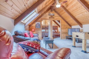 TV, fireplace, DVD player, foosball