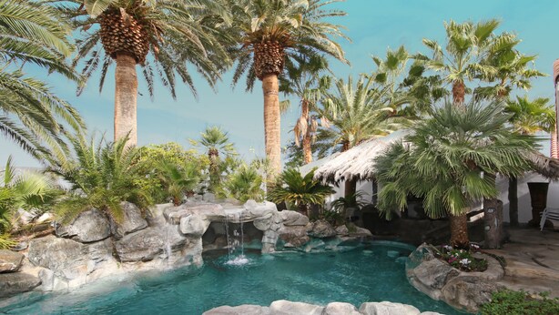 A pool area with palm trees, a waterfall, and a thatched-roof structure. - Pool Compareable to Mirage, Palapa, 82 in Hd TV, Minutes from Strip (Las Vegas)