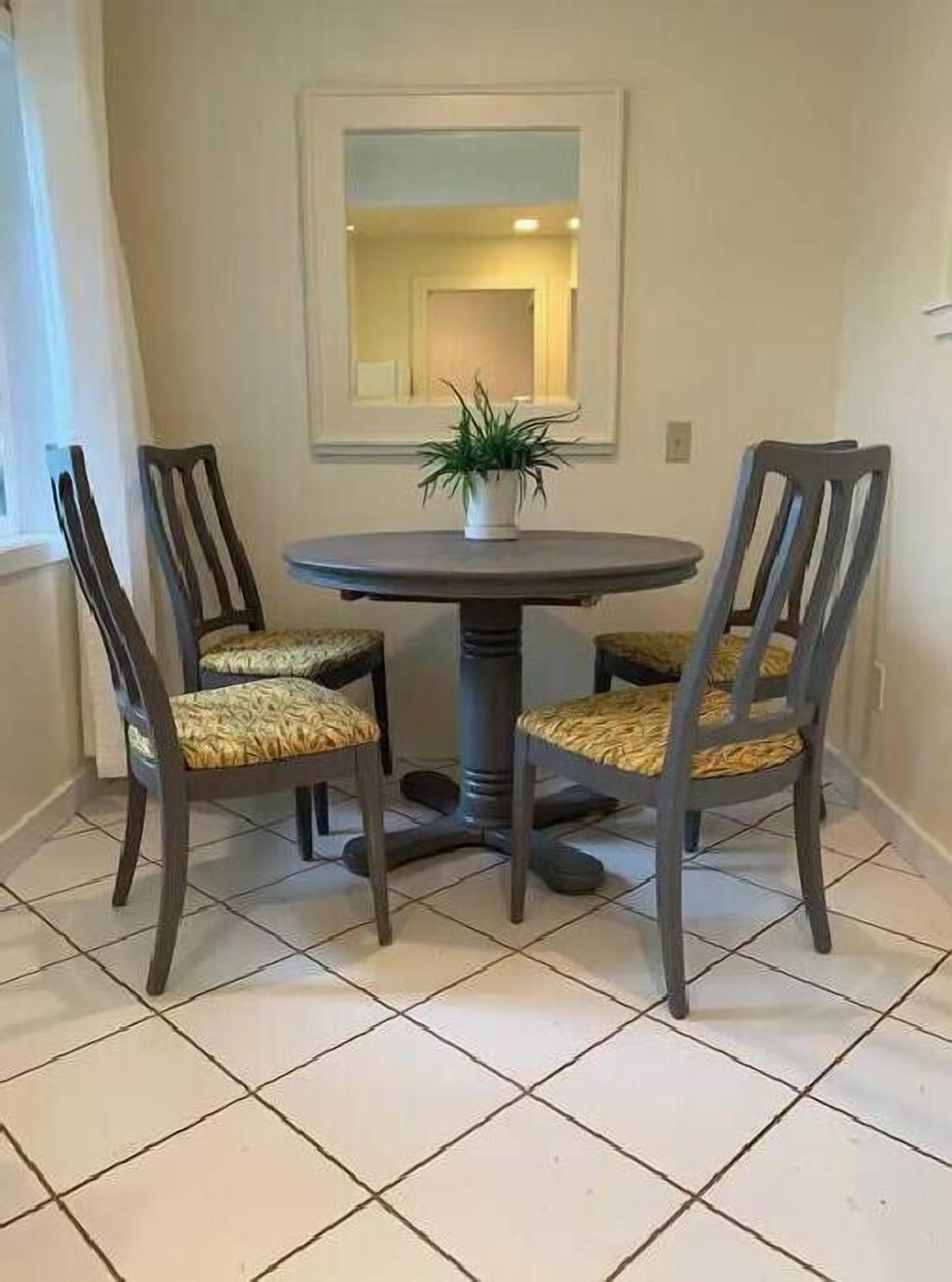 Un coin repas avec une table ronde, deux chaises et une plante en pot.