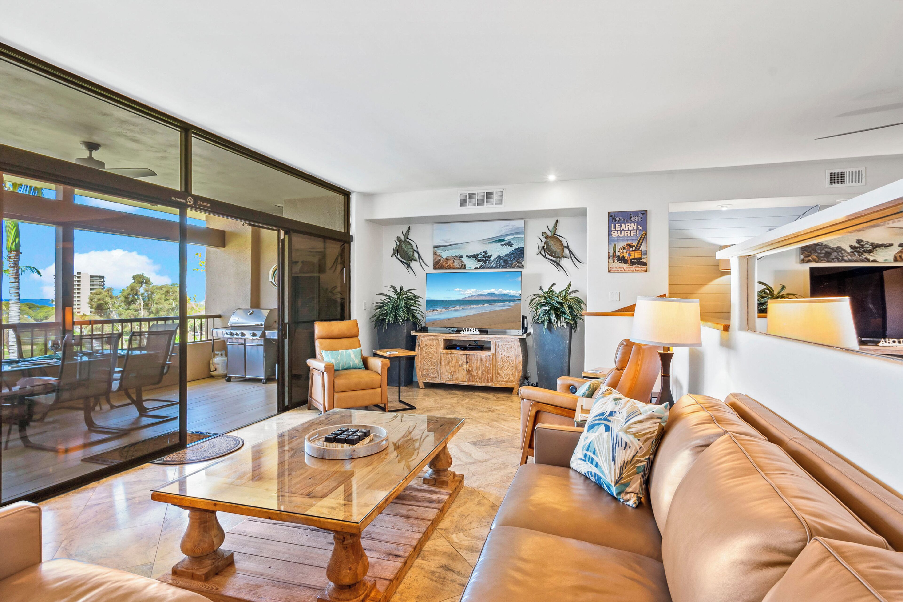 Smart TV, fireplace, books, stereo