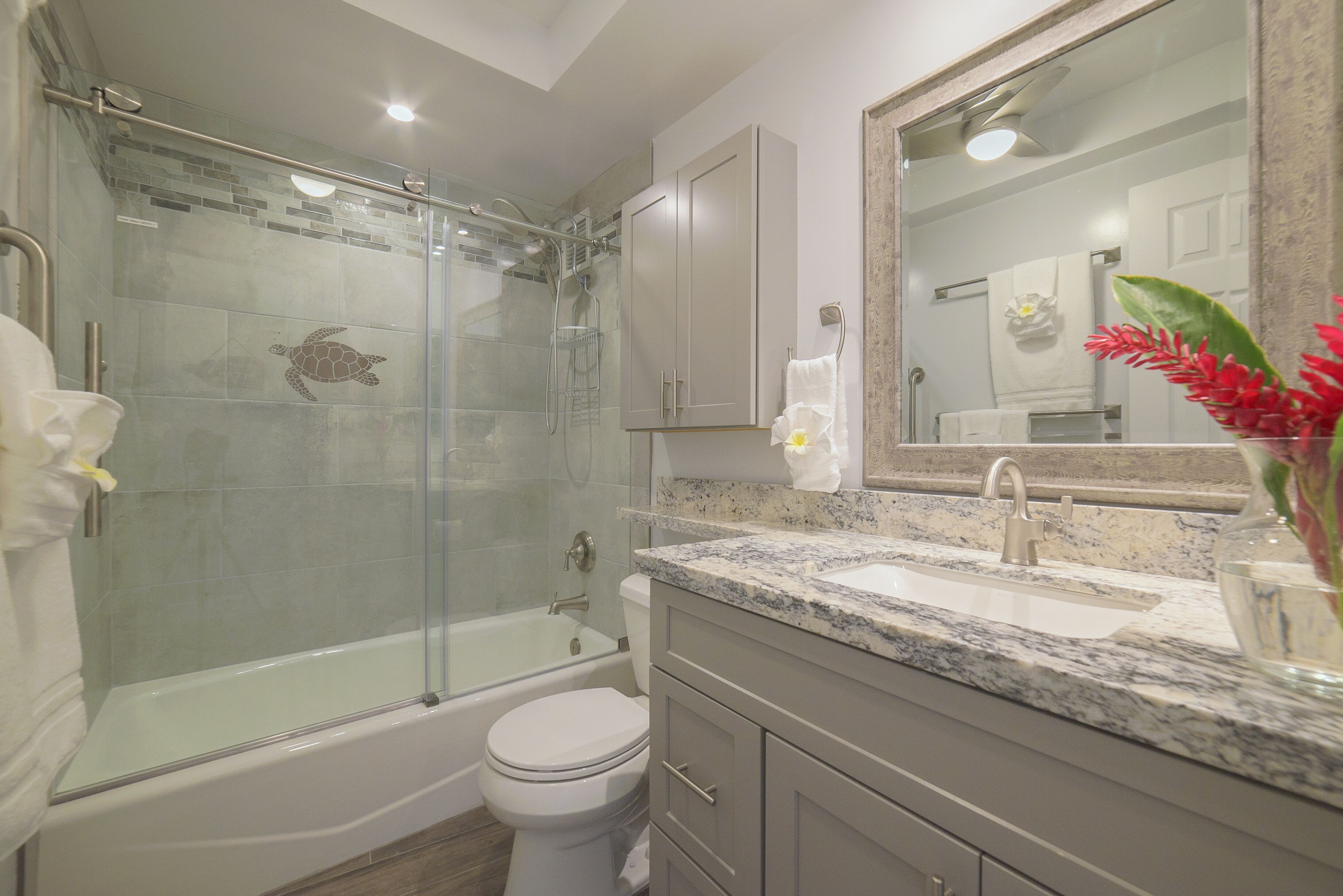 Combined shower/tub, hair dryer, towels, toilet paper