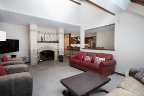 Smart TV, fireplace, DVD player, books