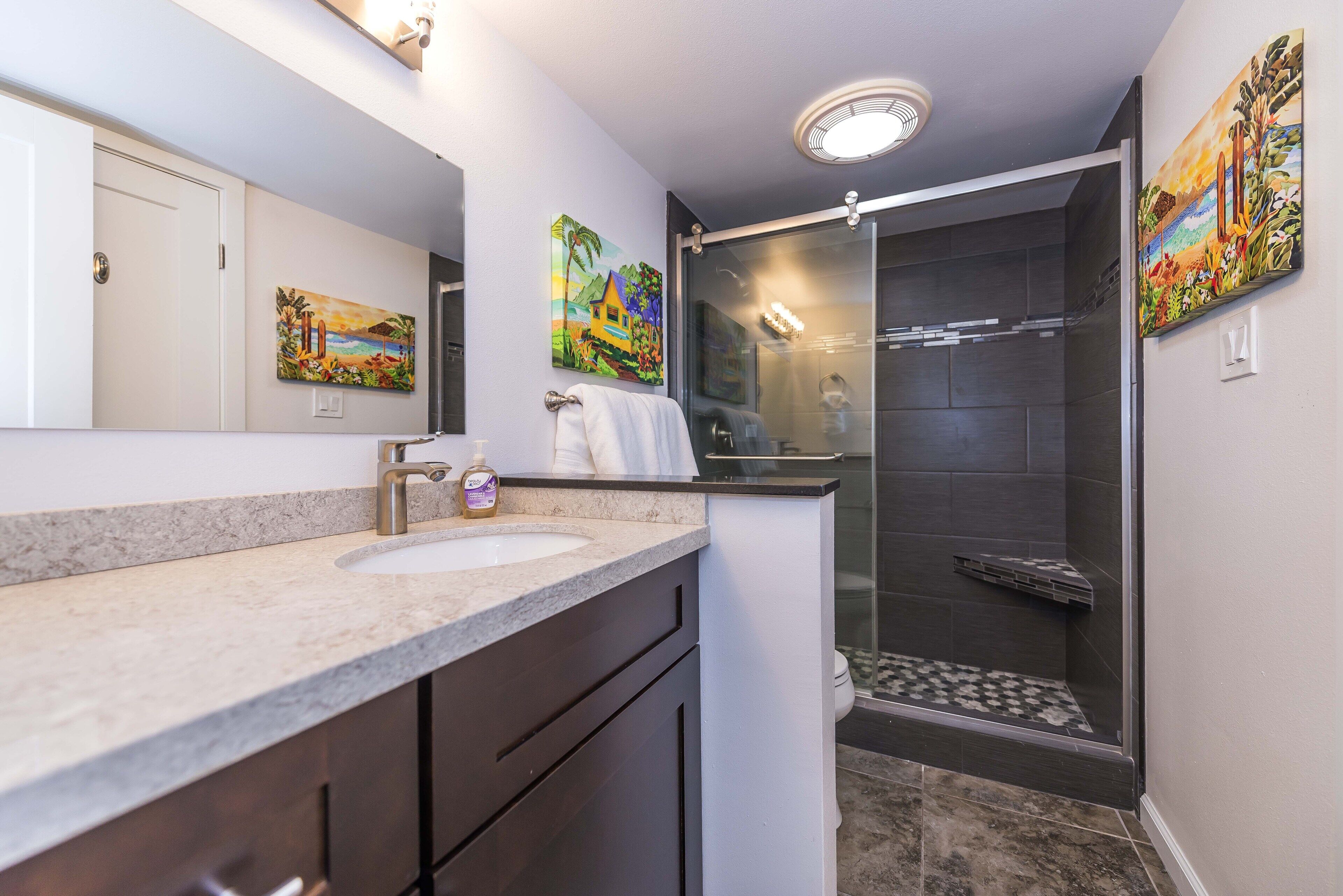 Shower, hair dryer, towels, shampoo