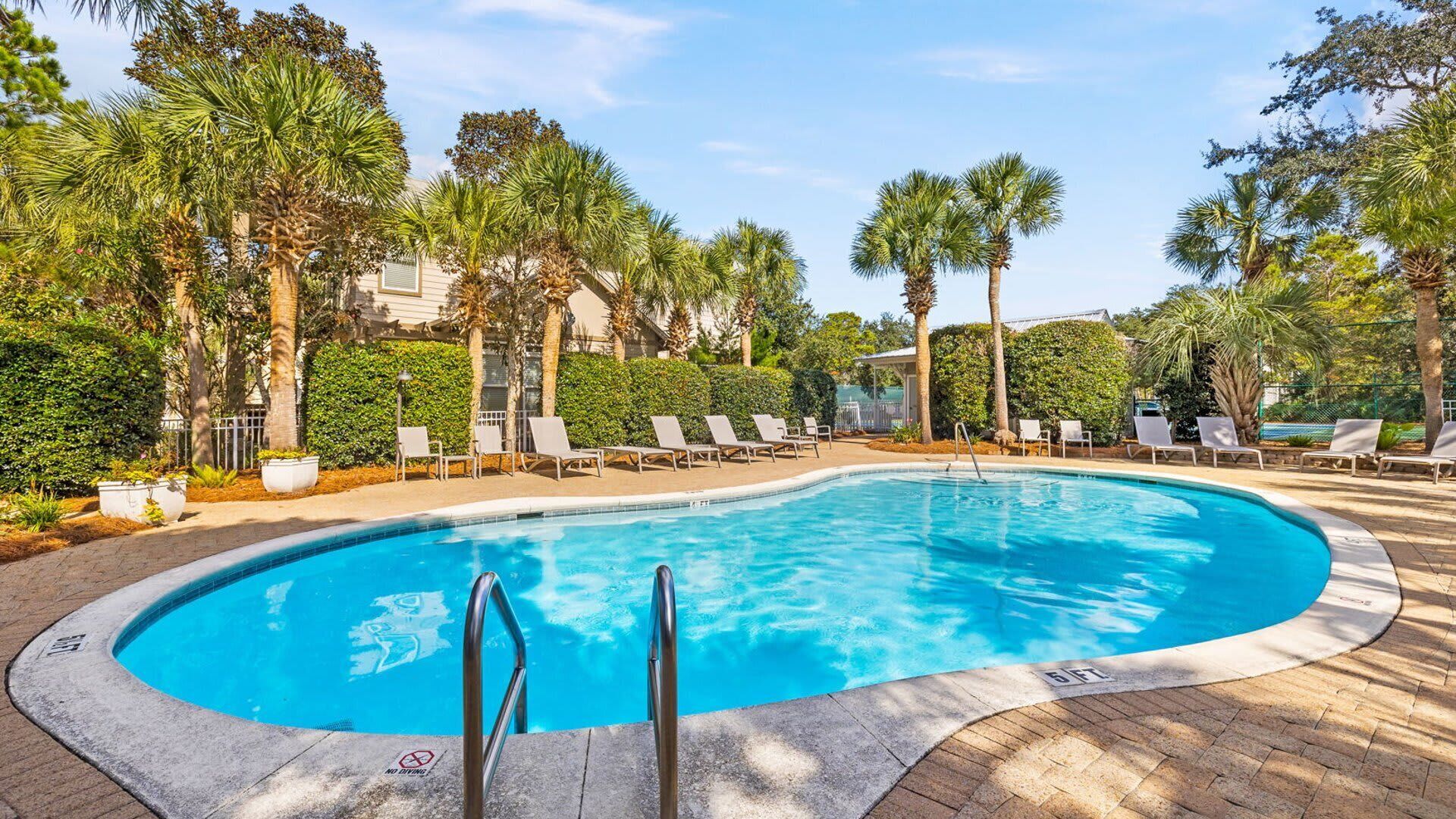 A swimming pool with lounge chairs and palm trees.