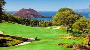 A golf course with a view of the ocean and a mountain in the background. - Enjoy a Piece of Paradise with Ocean View, Whale Watching, Snorkeling and More! (Kihei)