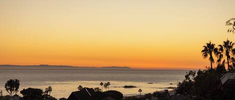 Vista costera con casas y palmeras al atardecer.