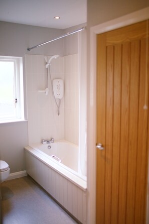 Une salle de bain avec une baignoire, une douche et des toilettes.